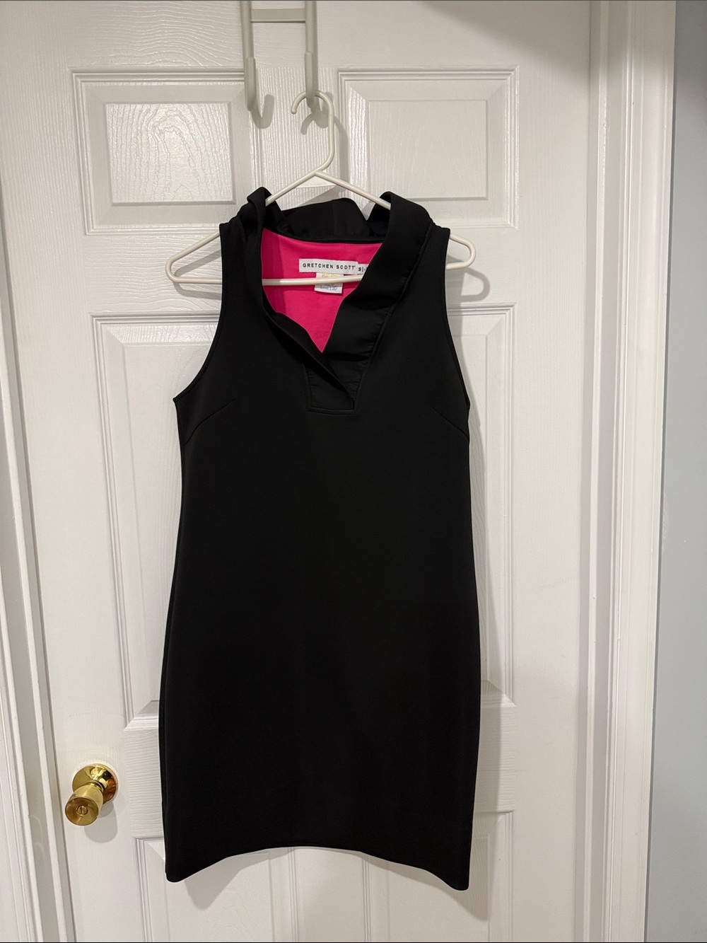Gretchen Scott Designs Black Sleeveless V-Neck Mini Dress with Pink Lining